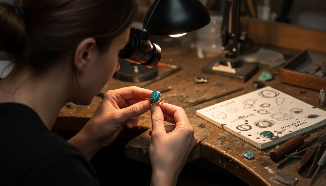 Une créatrice de bijoux examine attentivement une bague ornée d’une opale noire.