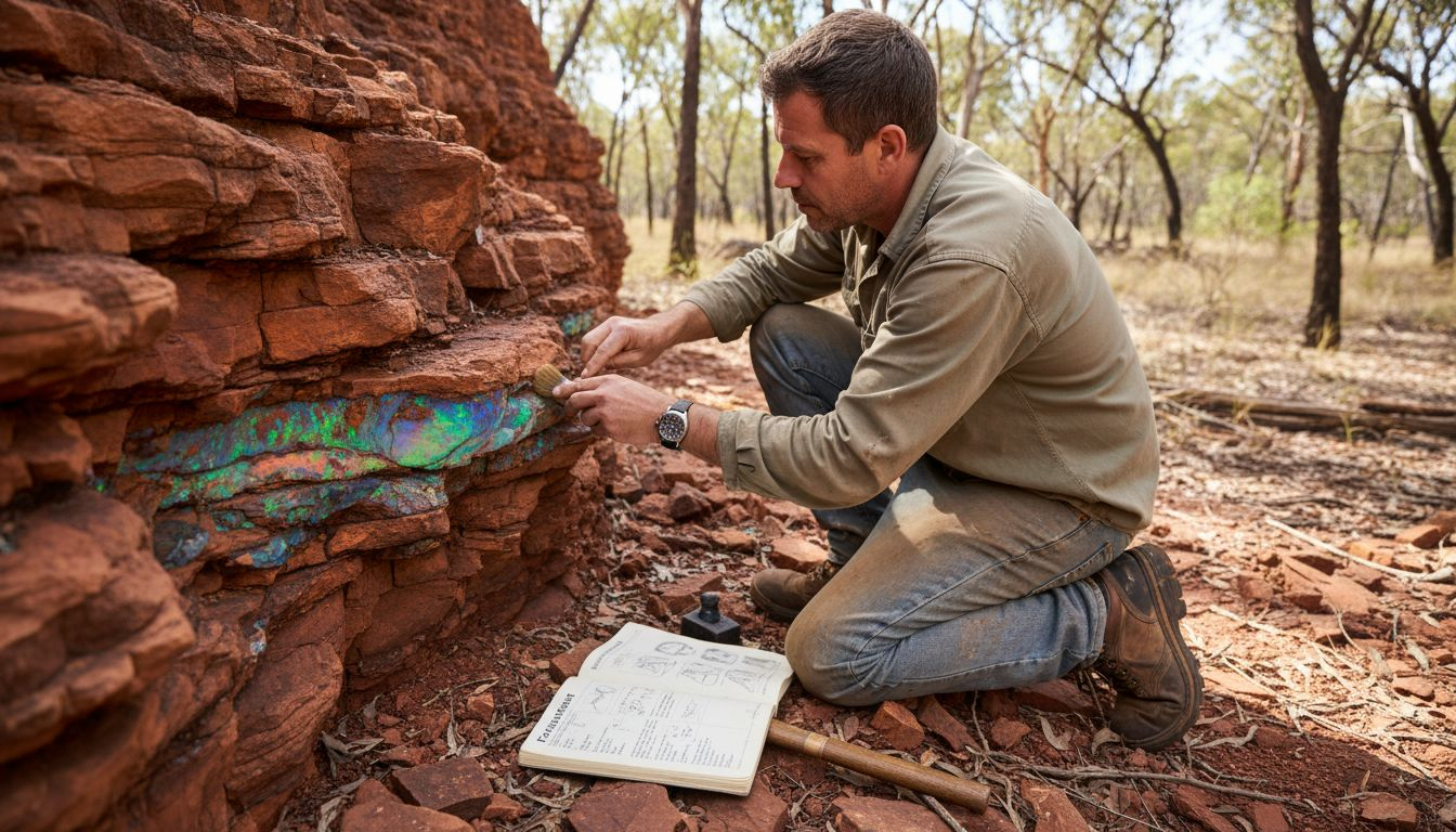 Ein Geologe stößt bei der Feldarbeit auf eine Opalader im Sandstein.