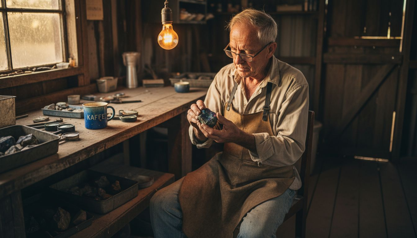 Ein Opalschürfer begutachtet sorgfältig seine Fundstücke an der Werkbank.