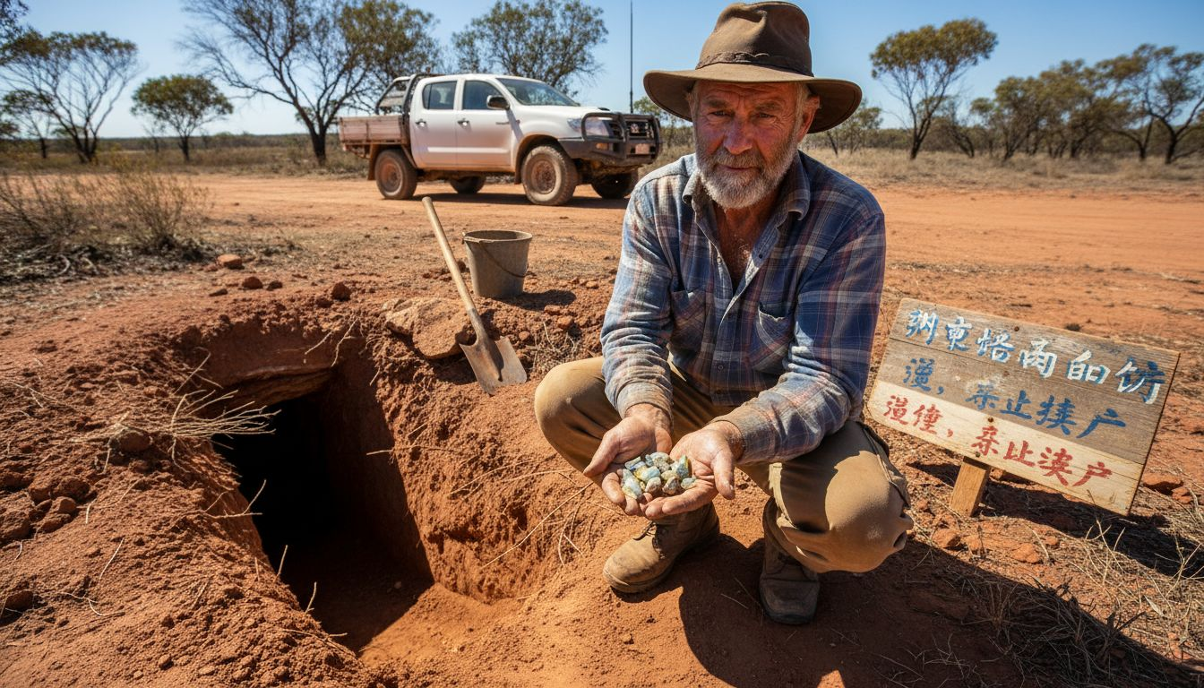 在闪电岭，一位欧泊矿工正在仔细查看刚刚采掘出来的原石。