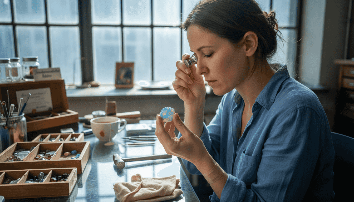 Ein Juwelier begutachtet einen Opal mit charakteristischem Harlekin-Muster.
