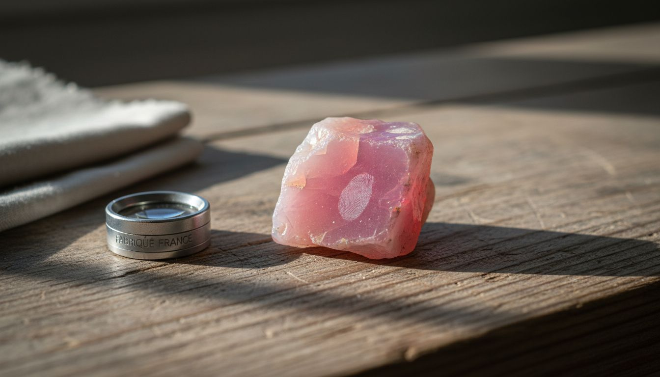 Détail d’un opale rose mettant en valeur ses jeux de couleurs.