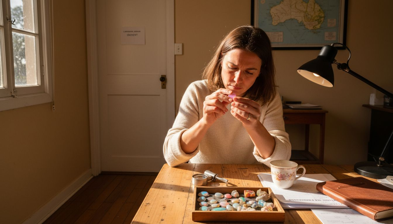 Un gemmologue observe attentivement une véritable opale rose pour en analyser les caractéristiques.