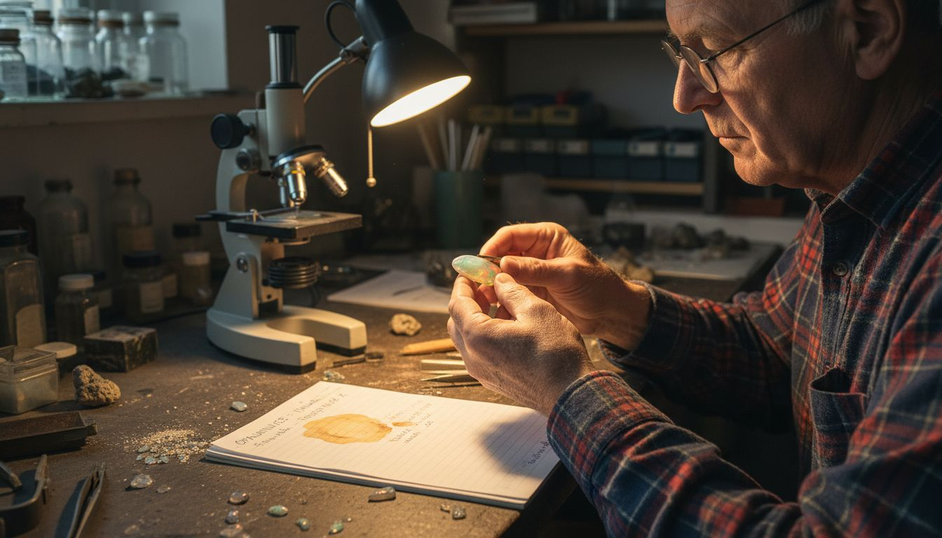 Mit einer Lampe inspiziert ein Mann die Rückseite eines Opals.