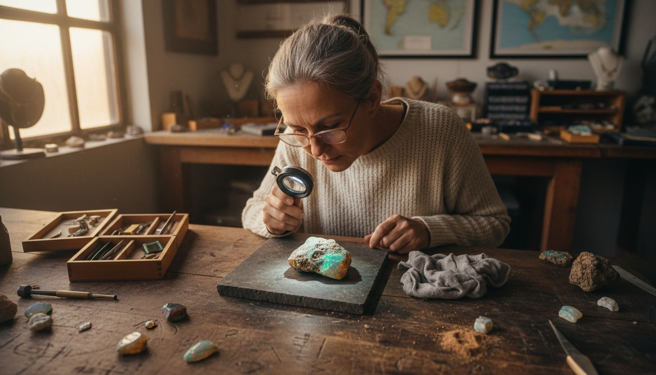 Eine Frau begutachtet einen australischen Opal an ihrem Arbeitstisch.