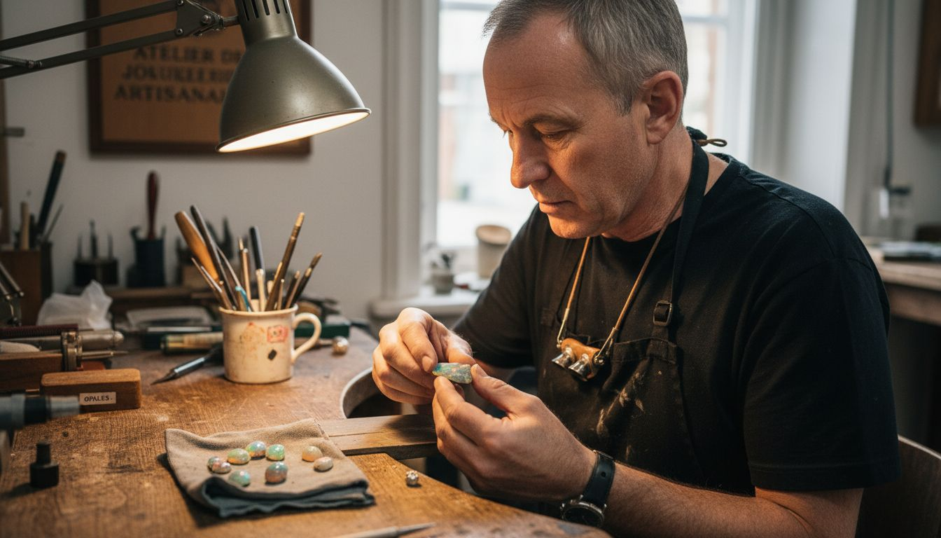 Dans son atelier, un joaillier scrute attentivement une opale, à la recherche de ses plus beaux reflets.