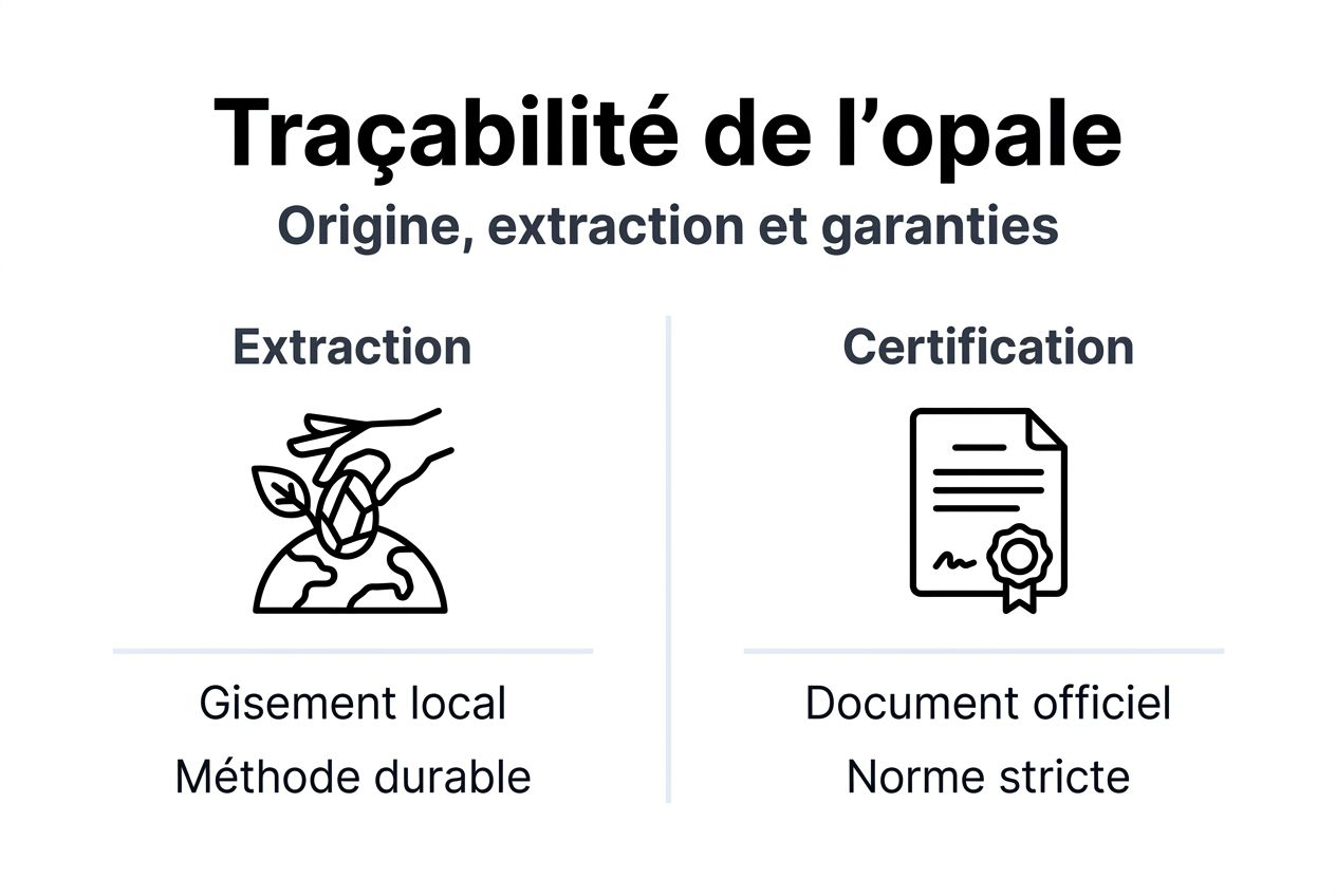 Découvrez notre infographie dédiée à la traçabilité responsable de l’opale : un aperçu clair des pratiques éthiques qui garantissent l’origine et le respect du précieux gemme.