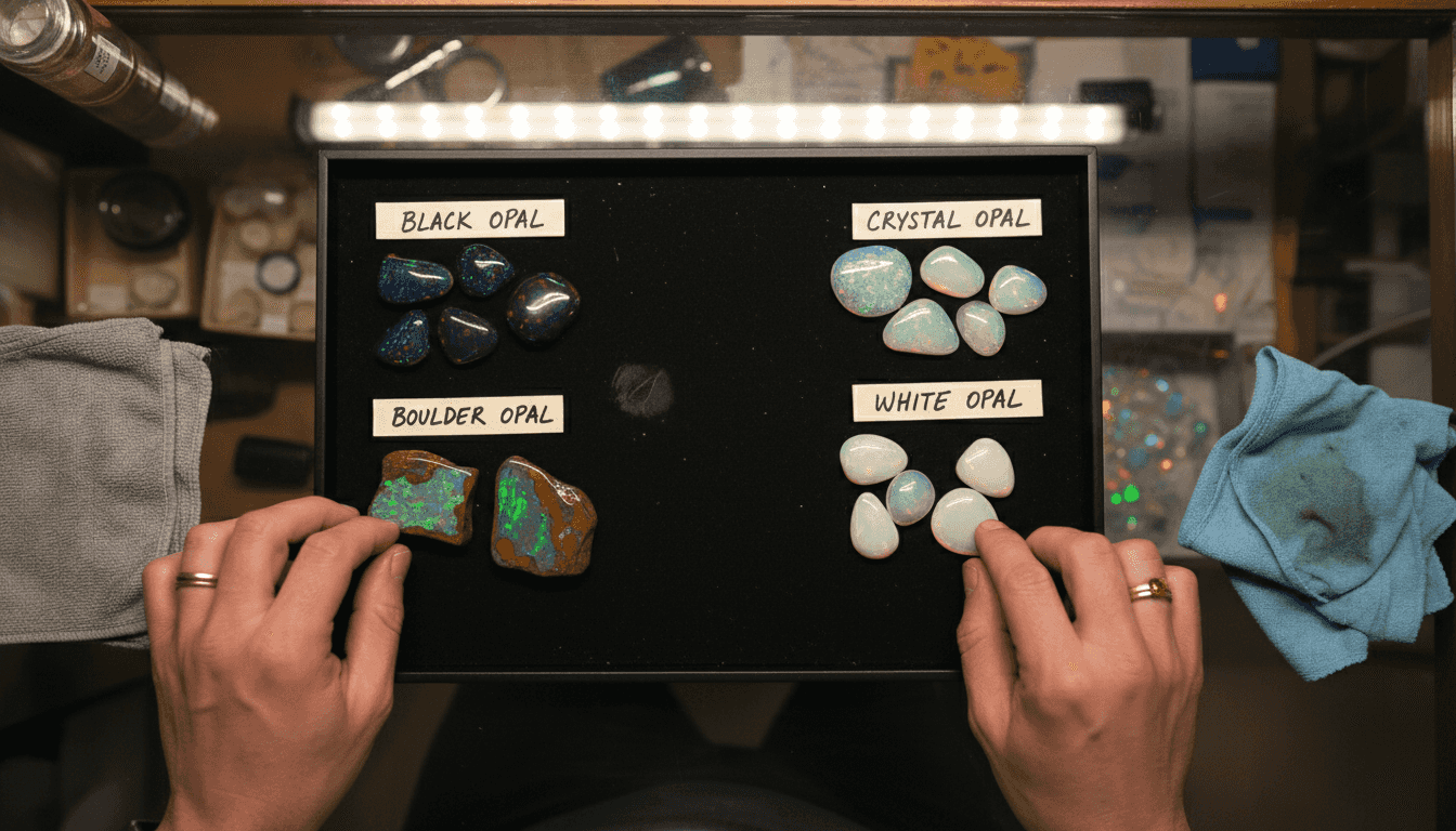 Tray showing four types of opal stones