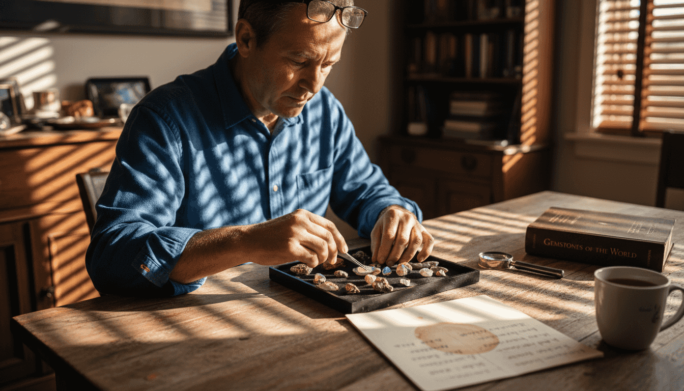 Opal collector examining gems at desk