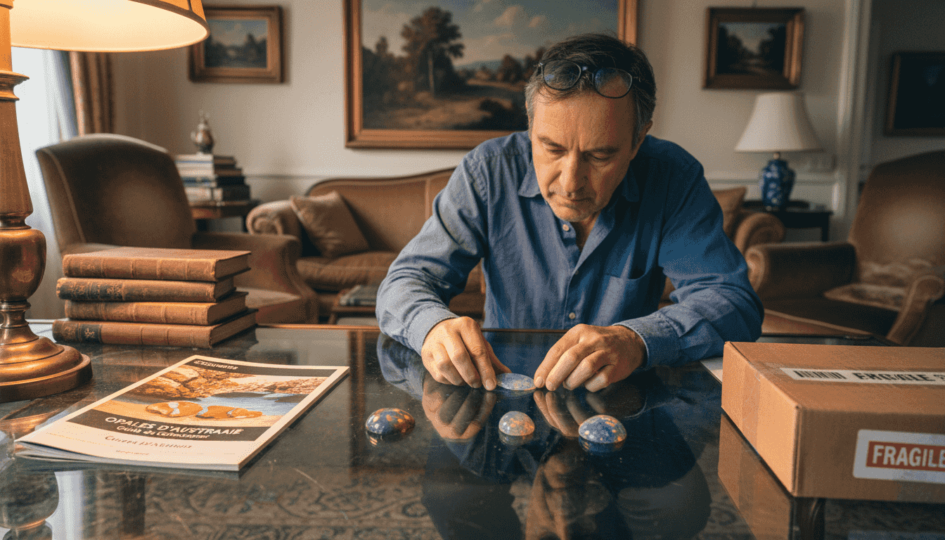 Un passionné d’opales en train d’examiner minutieusement ses pierres pour s’assurer de leur authenticité.