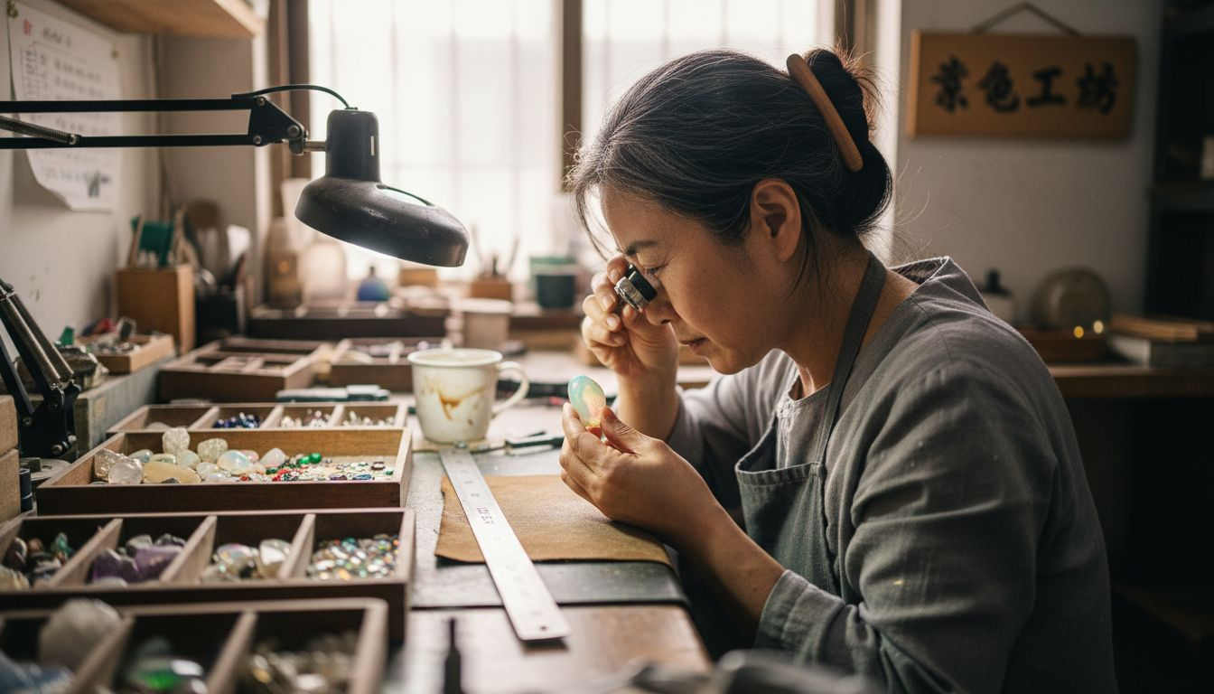 宝石工匠在工作台上细心检查一块蛋白石