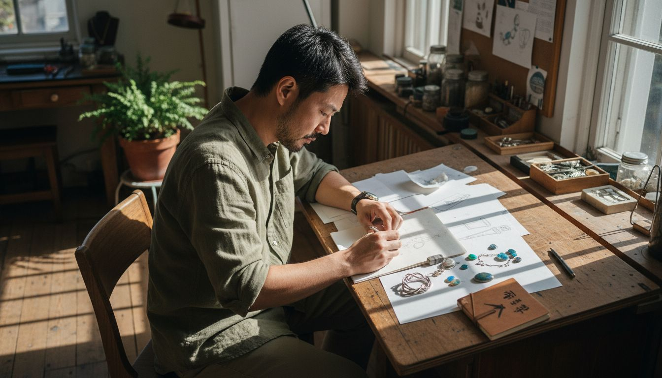 珠宝设计师正专注地在纸上绘制设计图，旁边摆放着几颗色彩斑斓的蛋白石，为创作增添灵感。