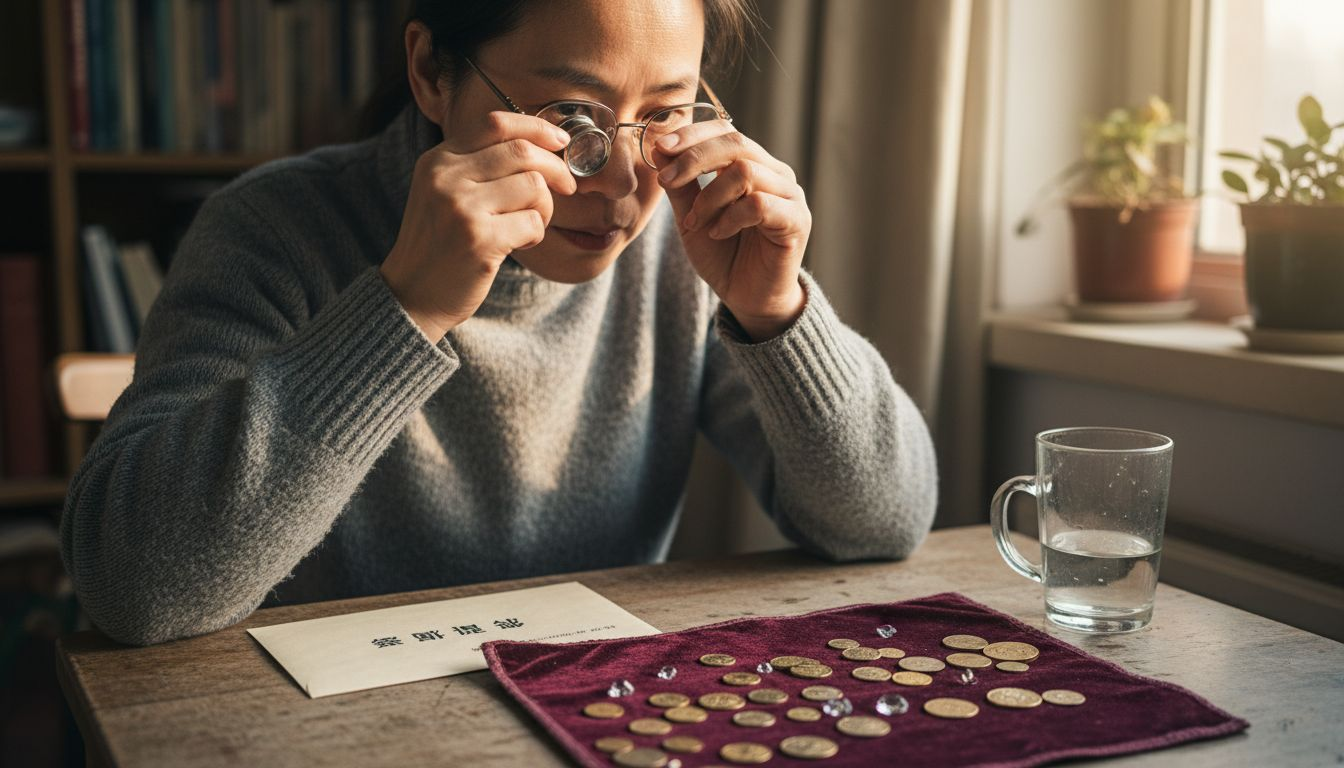 Woman inspecting gemstones and gold coins