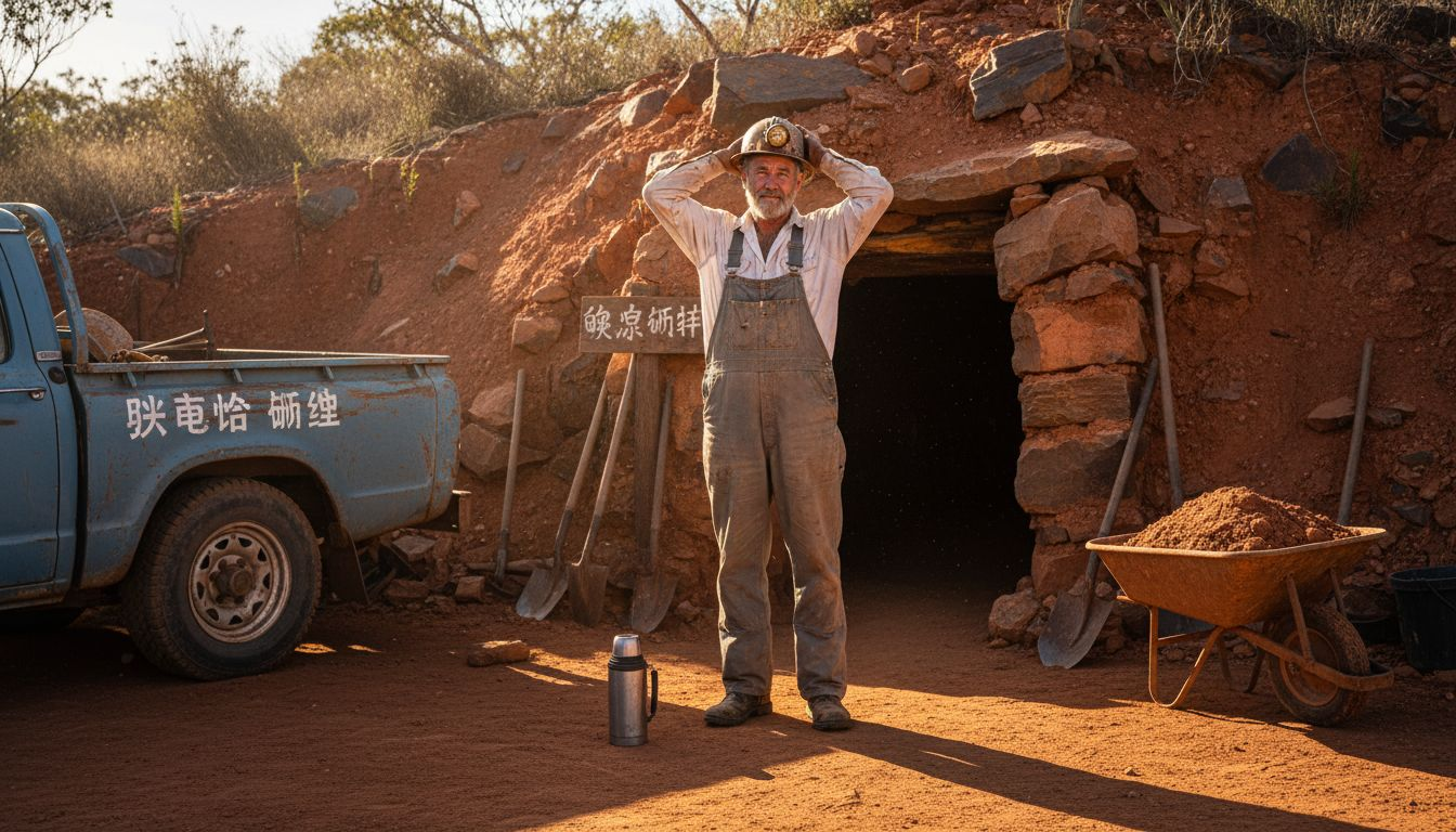 一名矿工站在闪电岭欧泊矿的入口处