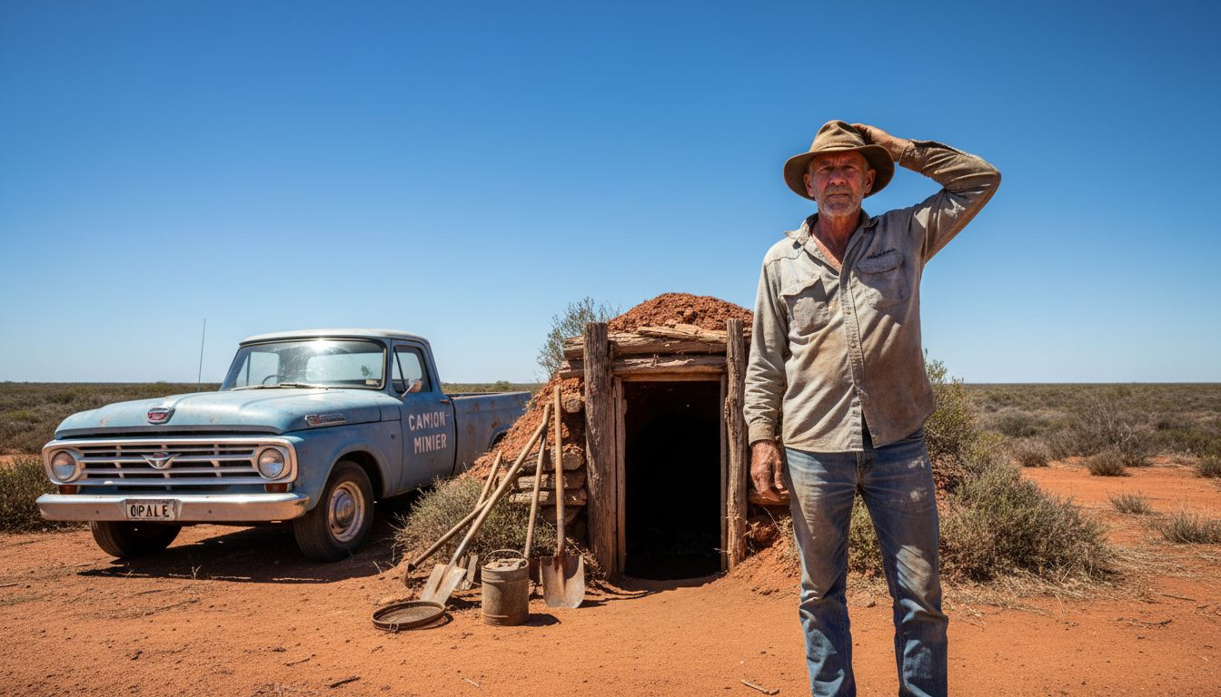 Un mineur devant l’entrée d’une mine d’opale en Australie