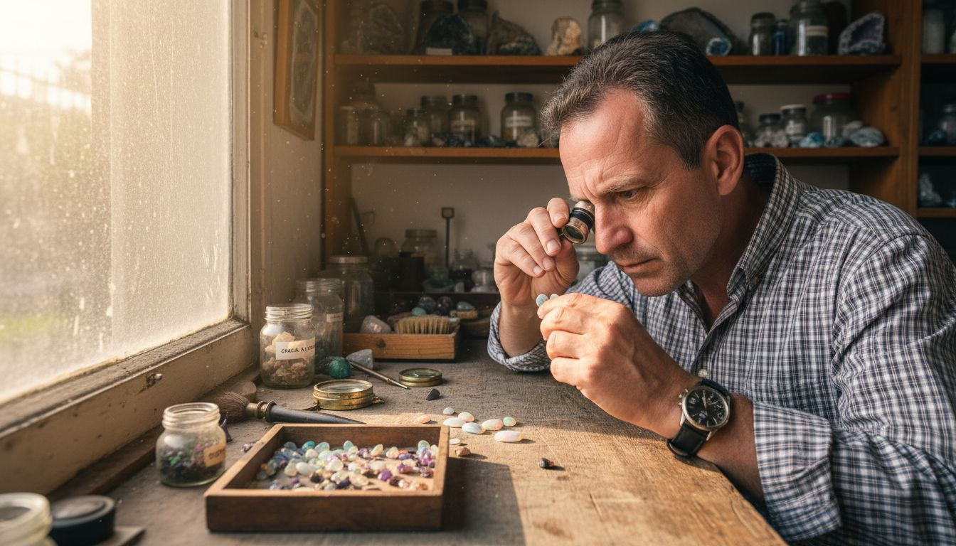 Un passionné de pierres précieuses inspecte des opales à l’aide d’une loupe de joaillier, attentif à chaque détail et à la beauté unique de ces gemmes.
