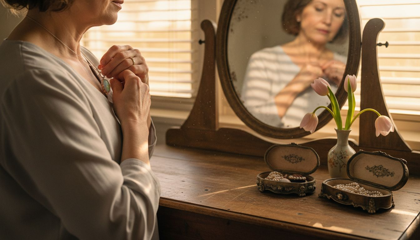 Im sanften Morgenlicht legt sich eine Frau eine Opalkette um den Hals.
