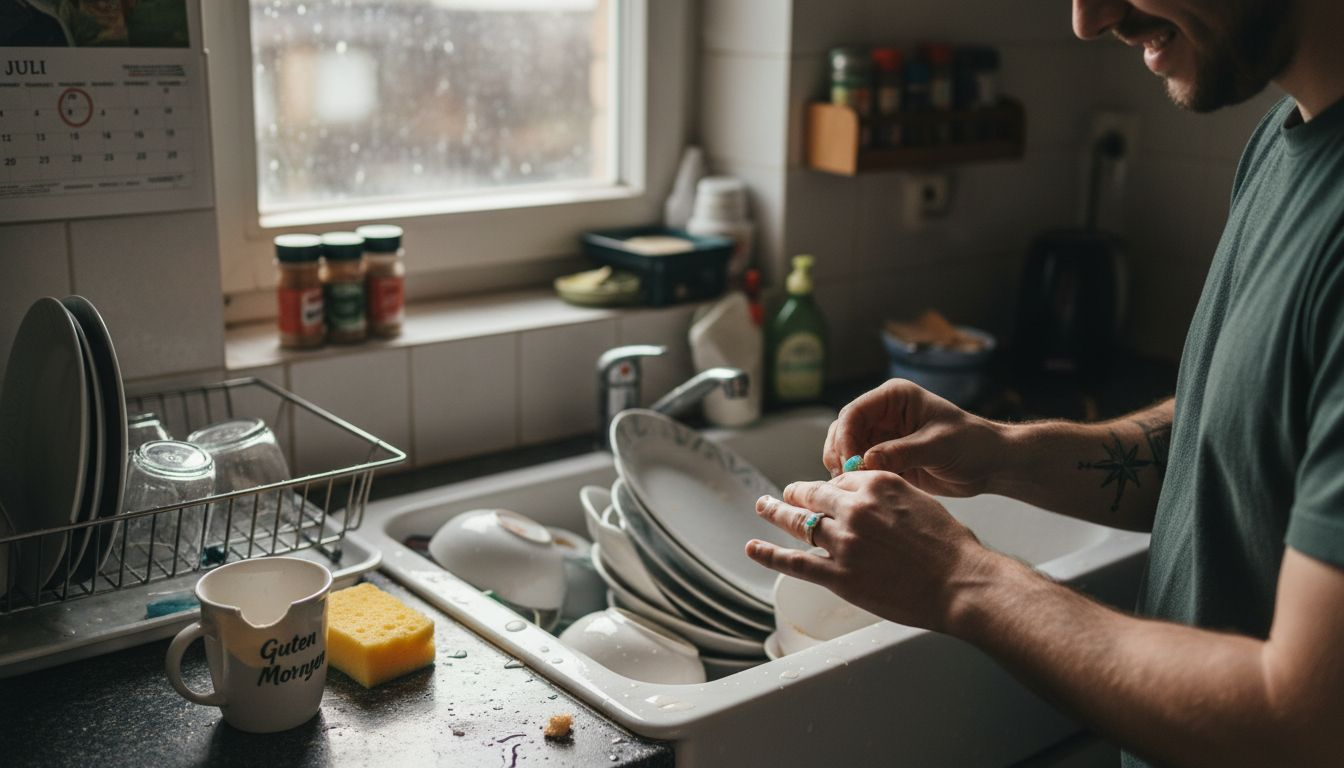 Bevor er im Haushalt anpackt, legt der Mann seinen Opalring ab.