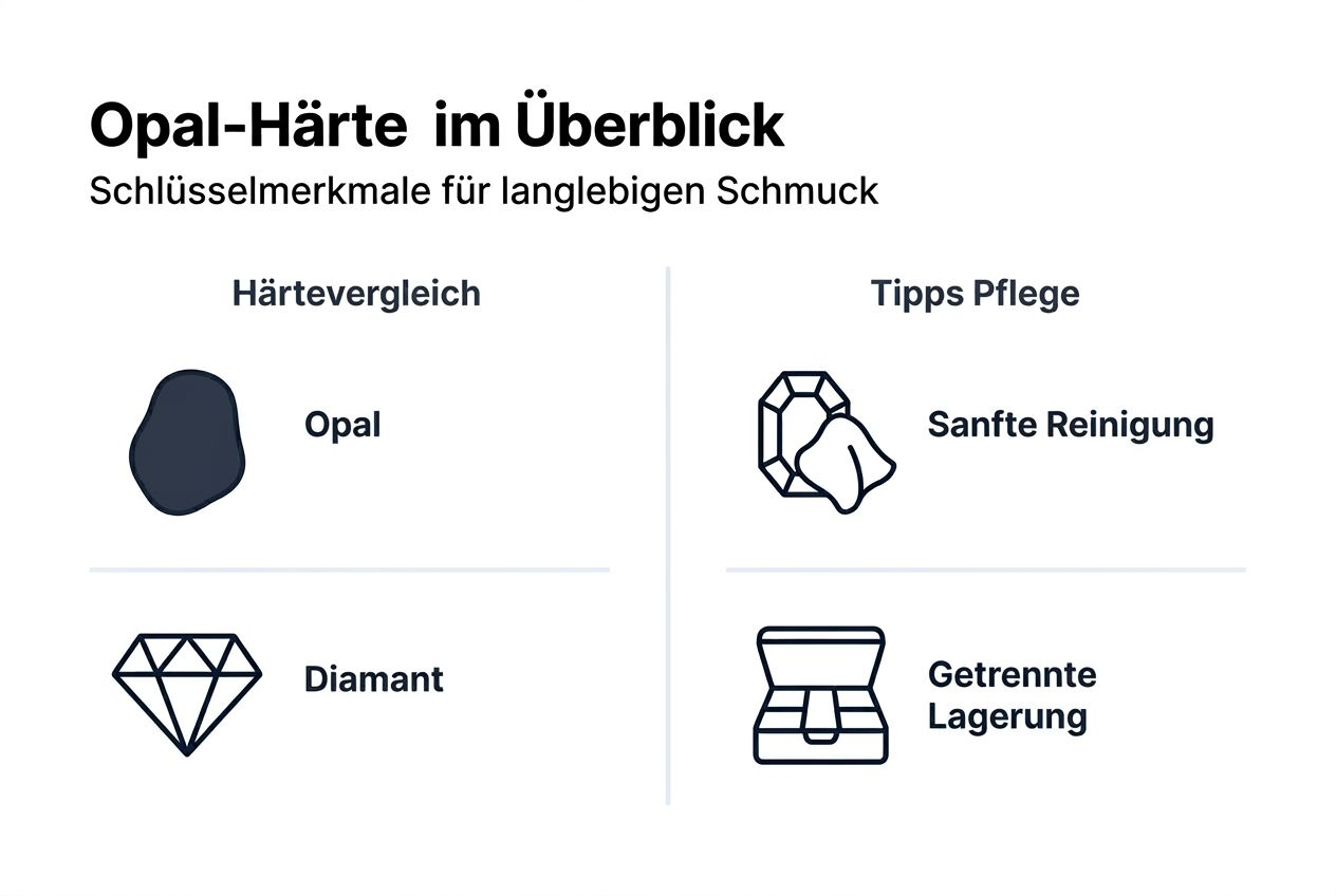 Alles Wissenswerte rund um die Härte und richtige Pflege von Opalen – anschaulich dargestellt in einer Infografik.