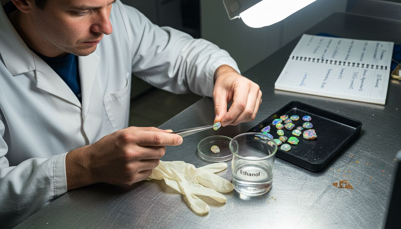 Ein Labormitarbeiter bearbeitet Opale im Rahmen eines wissenschaftlichen Analyseverfahrens.