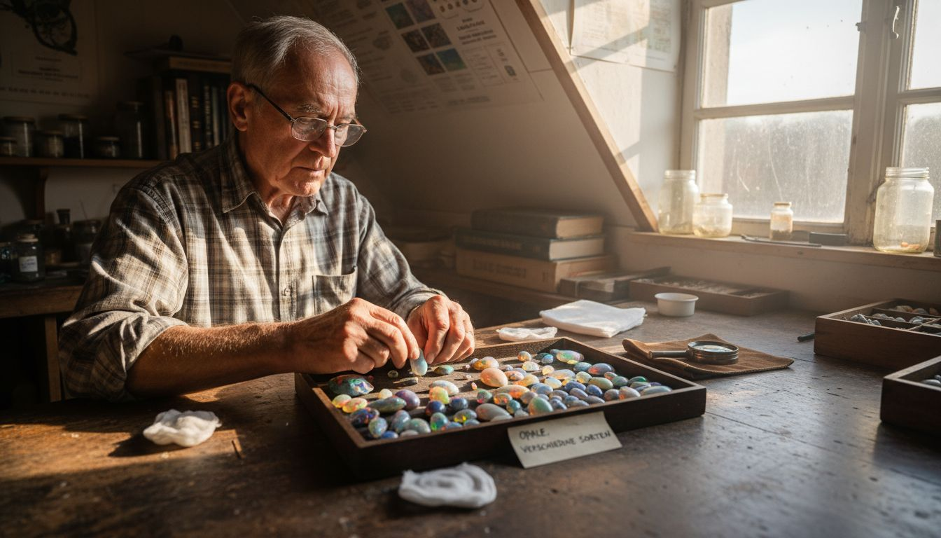 Ein Edelsteinsammler sortiert Opale und lässt sie im Sonnenlicht schimmern.