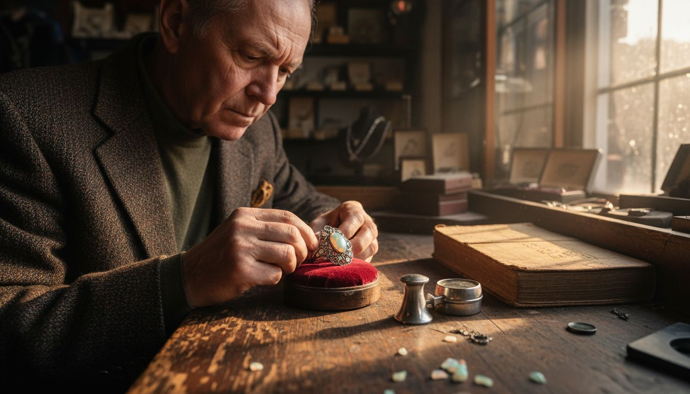 Jewelry expert examining antique opal ring