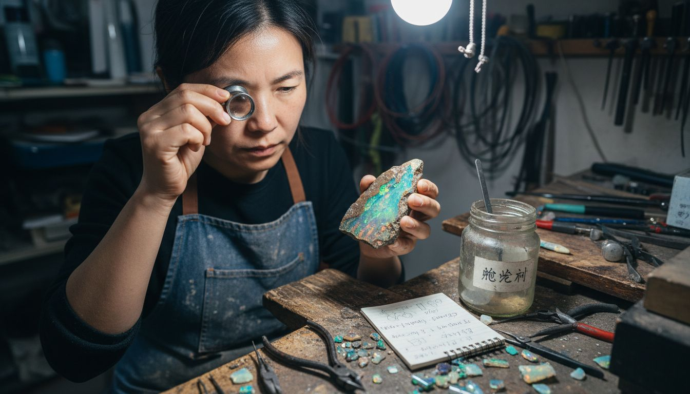 资深珠宝鉴定师细致鉴赏砾岩蛋白石的每一处细节