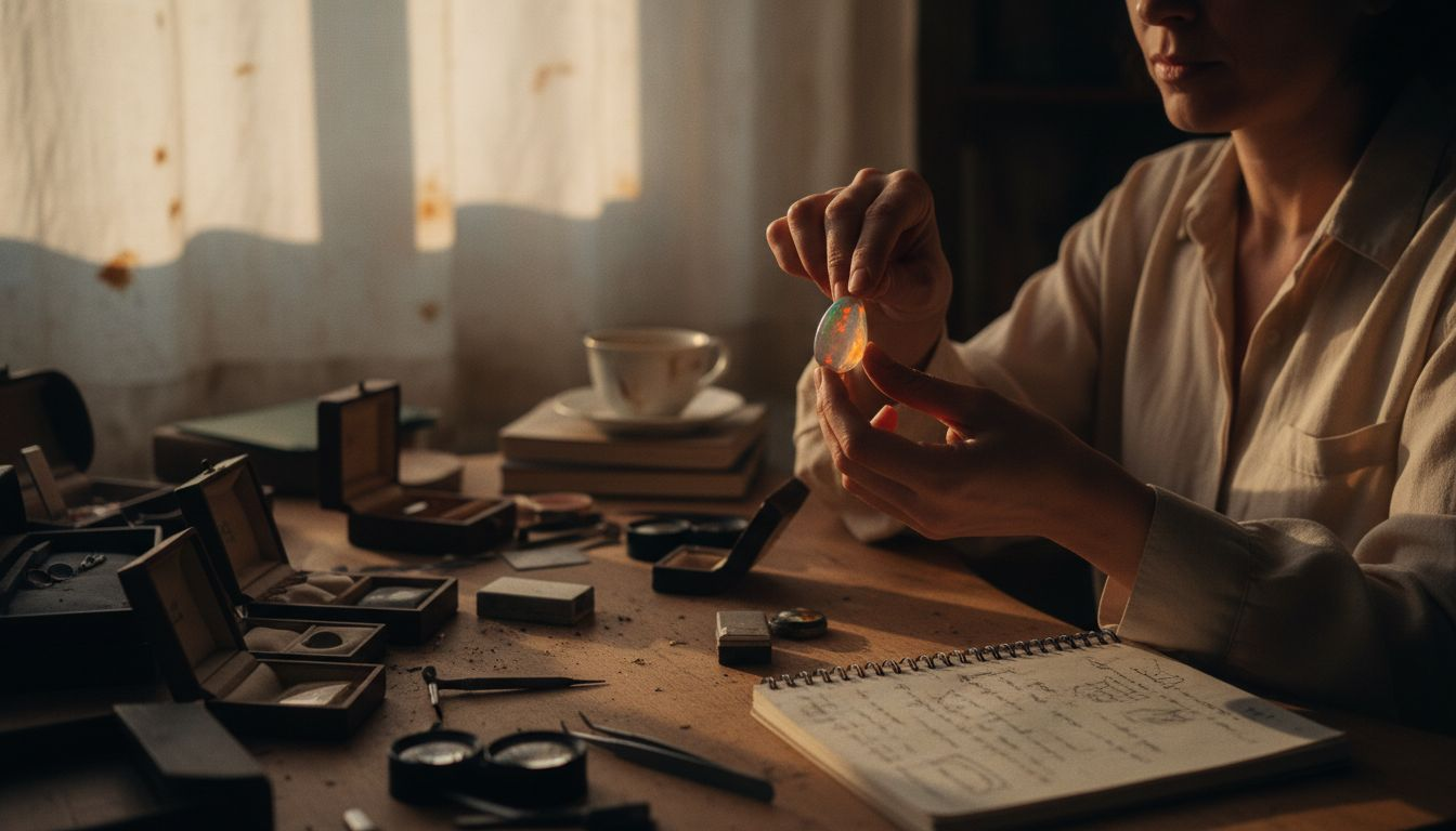 Un gemmologue observe attentivement la pureté et les nuances de couleur d’une opale.