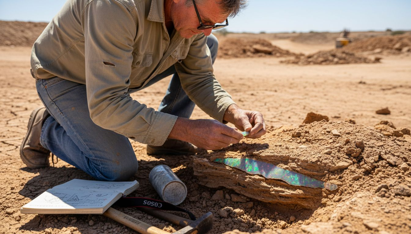 Geologist examining opal seam in Coober Pedy