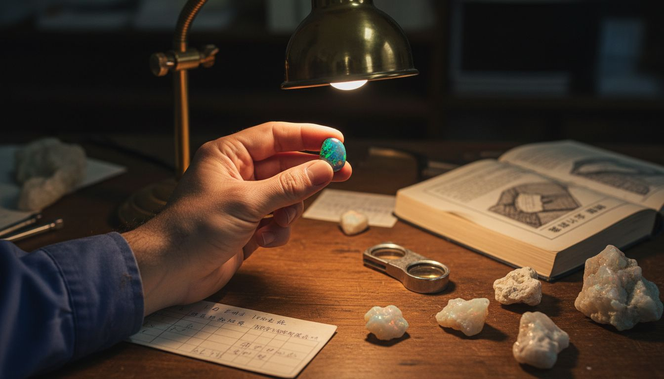 一只手正拿着黑欧泊，放在宝石展示台上细细观赏。