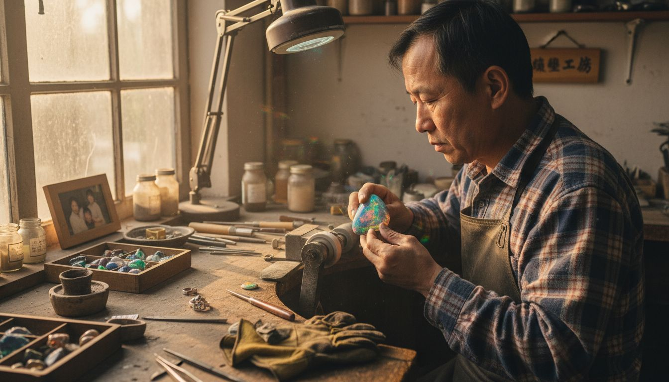 在工作室里，珠宝匠正专注地打磨澳大利亚欧泊宝石，让每一颗都焕发独特的光彩。