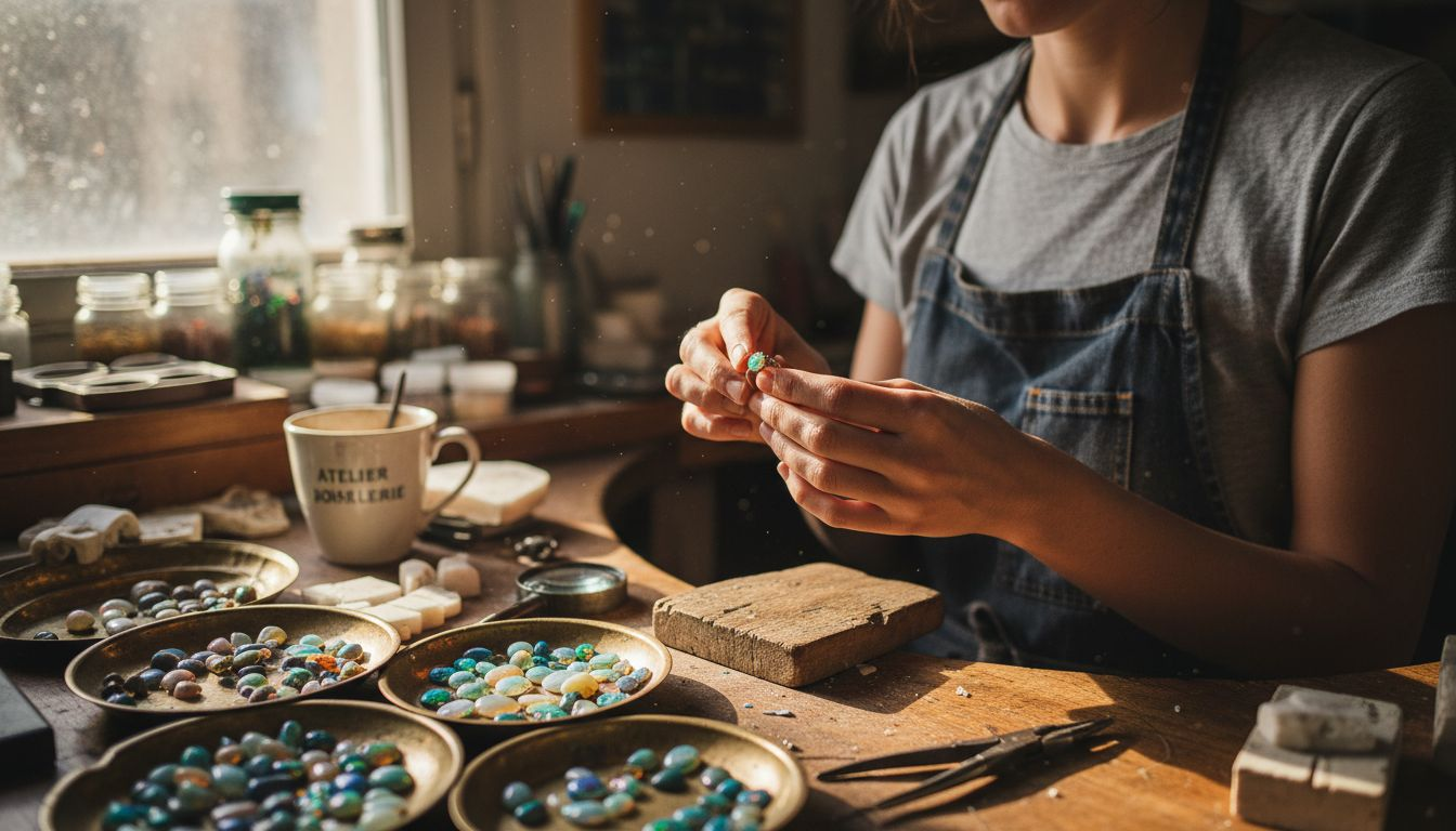 Dans son atelier, une femme admire une bague ornée d’une opale entre ses mains.
