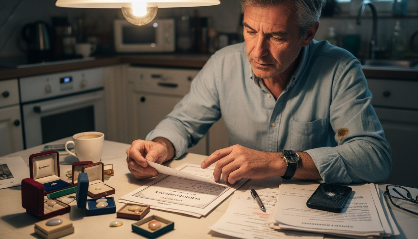 Un homme examine attentivement les informations figurant sur le certificat d'opale.