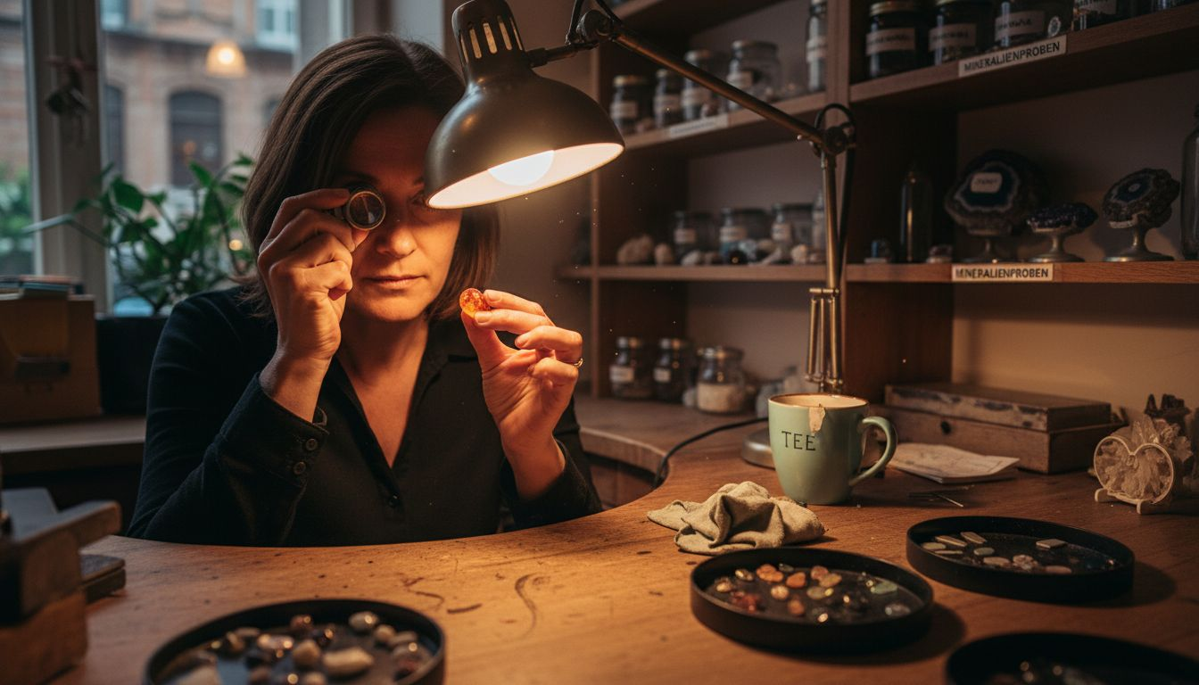 Ein Gutachter nimmt einen leuchtenden Feueropal genau unter die Lupe.