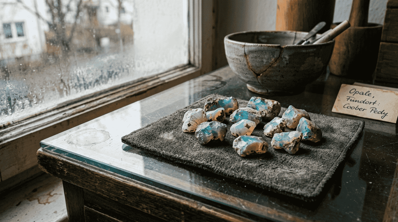 Opale auf einem Untergrund – ihre Farben und Strukturen kommen hier besonders schön zur Geltung.