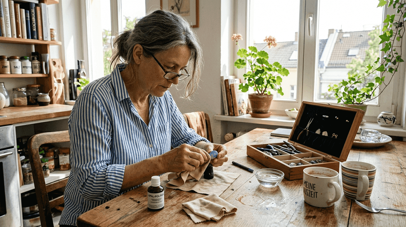Eine Frau reinigt behutsam einen Opal mit der Hand.