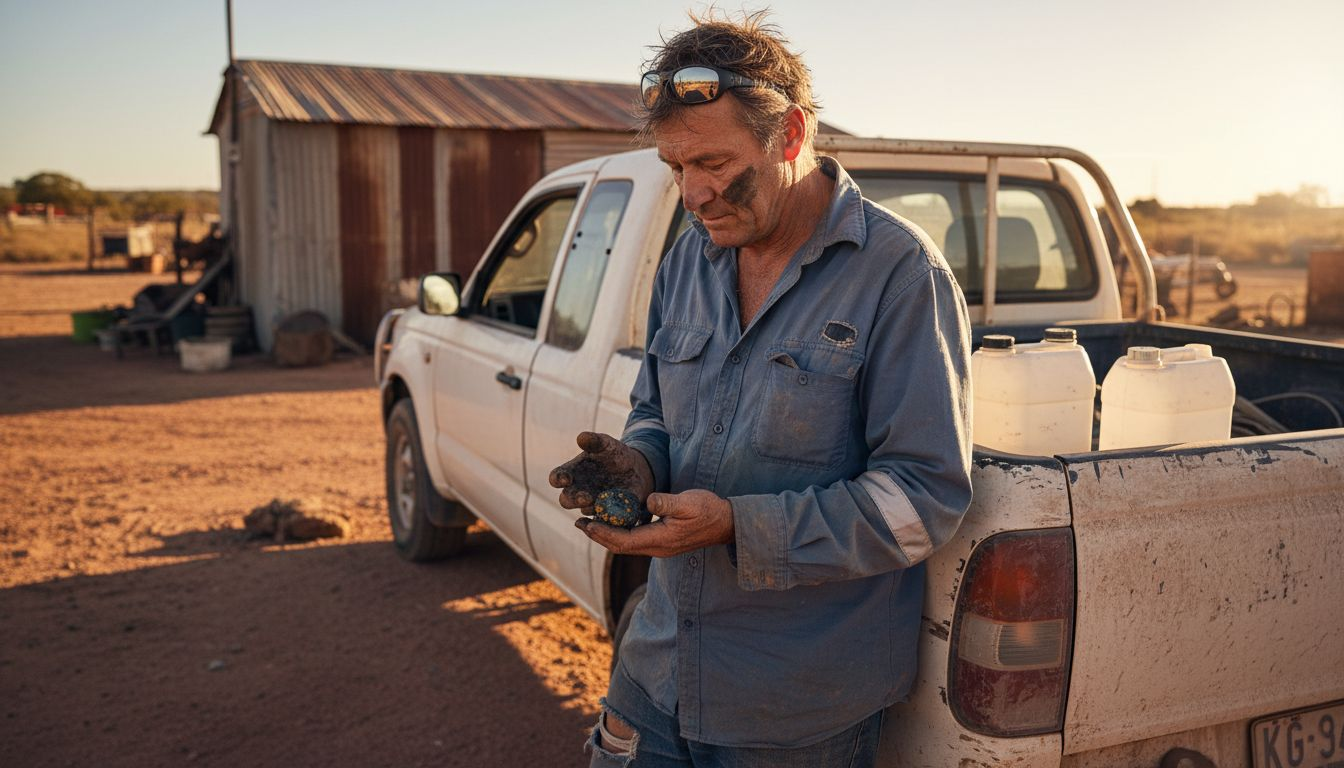 Miner inspecting black opal at Lightning Ridge