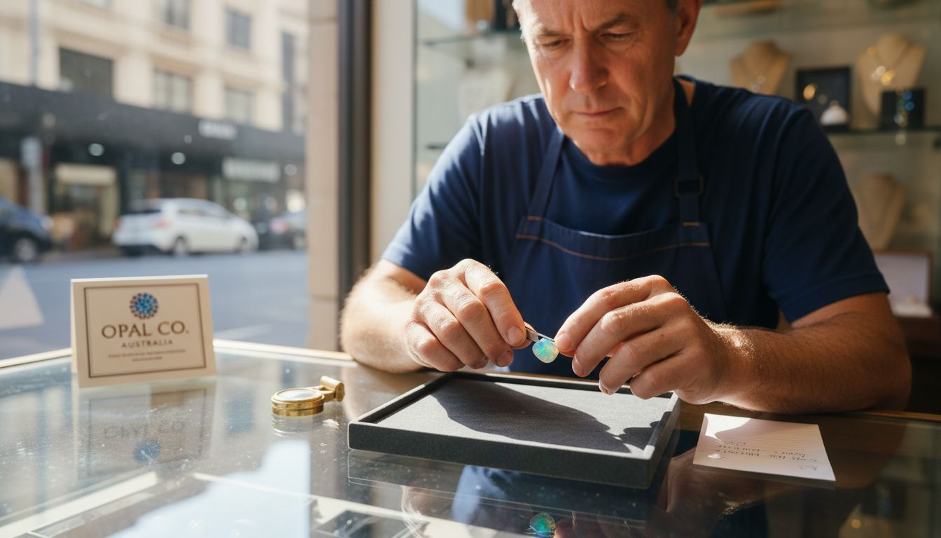 Jeweler displaying rare opal in shop