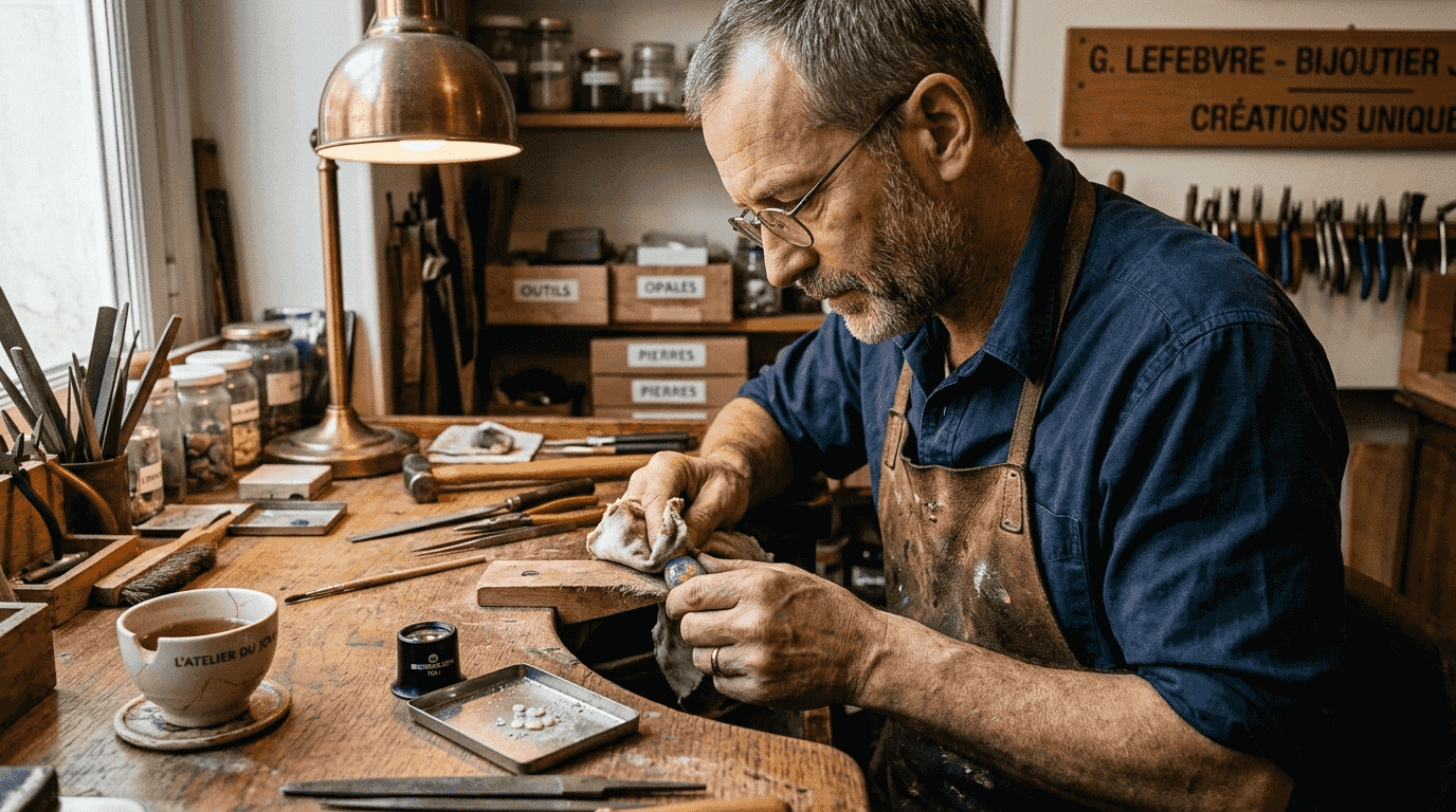Un artisan joaillier s’applique à polir une opale sur son établi en bois.