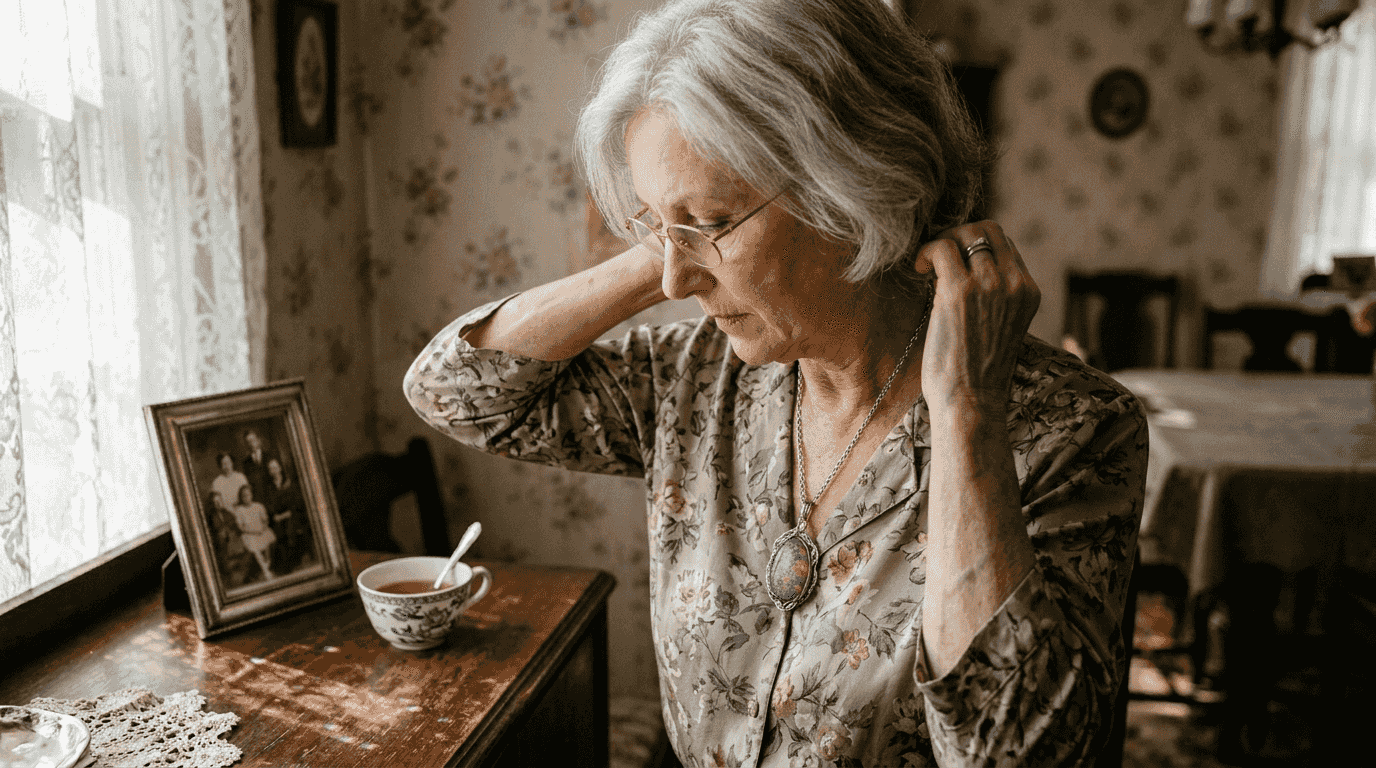 Une dame âgée attache autour de son cou un pendentif en opale.