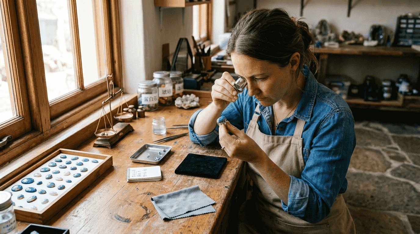 宝石鉴定师正在仔细鉴赏澳大利亚欧泊饰品