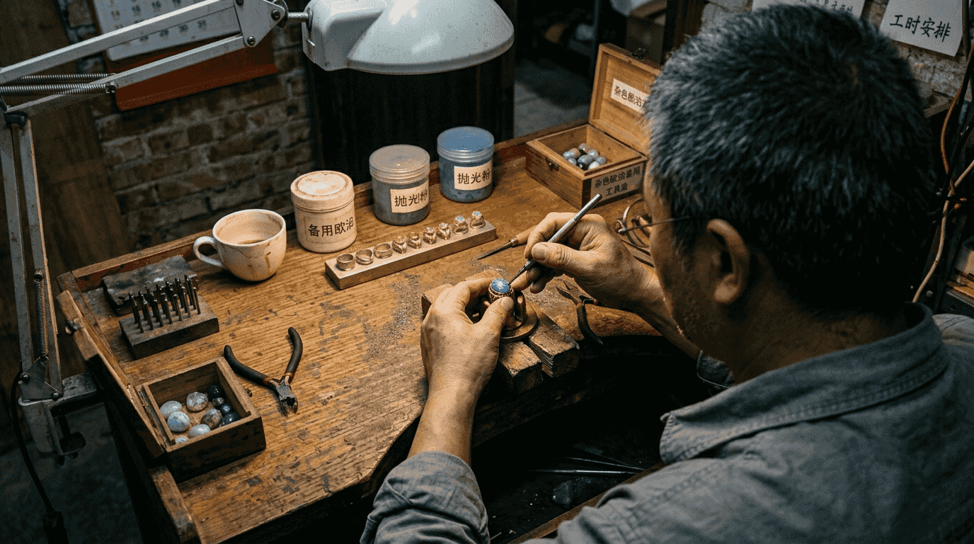 匠人正在为定制戒指镶嵌蛋白石