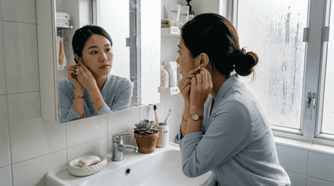 一位女士在浴室里佩戴着欧泊耳钉，展现出独特的优雅与品味。