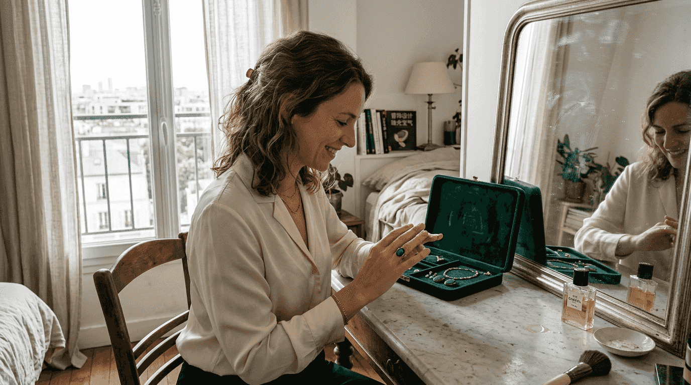 阳光洒在梳妆台上，女士轻轻将欧泊戒指戴在手指间，光影间流转出独特的美感。