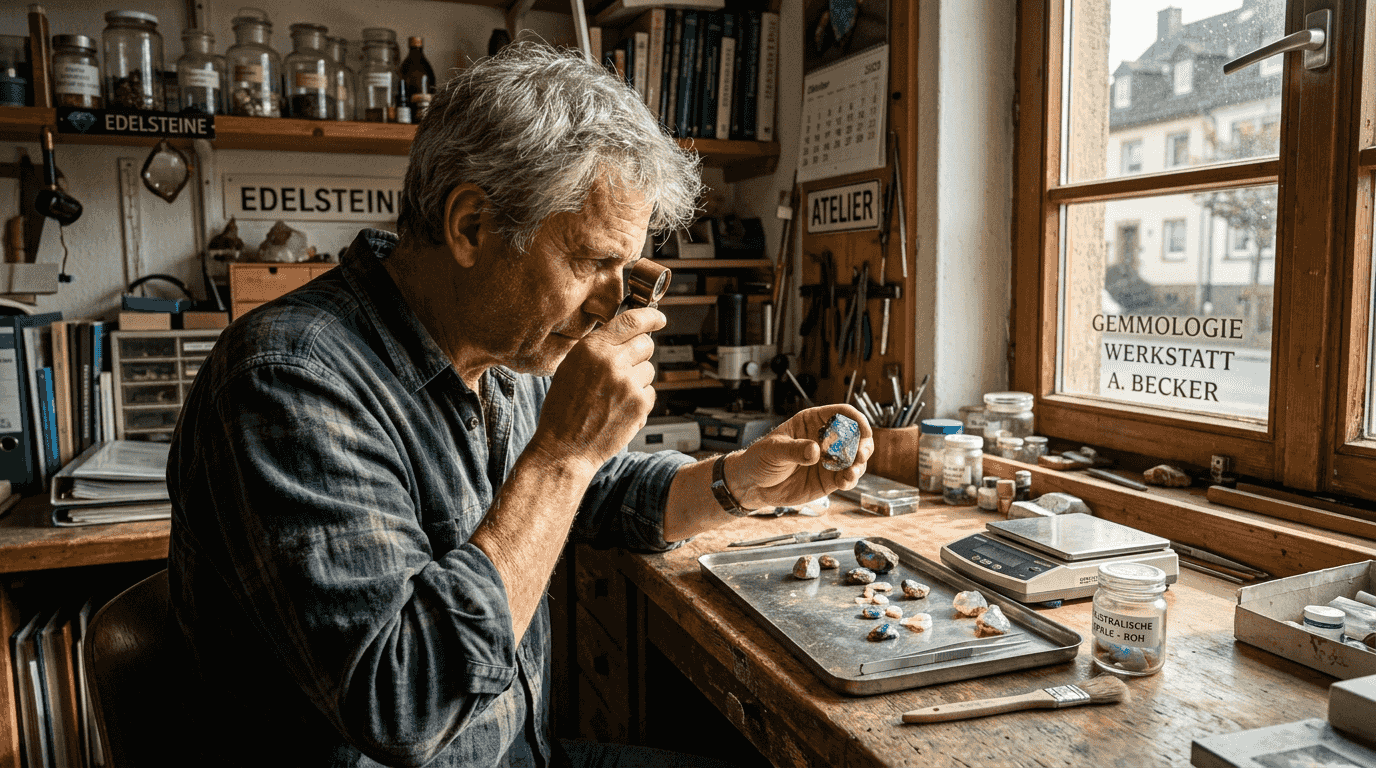 Ein Fachmann nimmt einen australischen Opal auf seiner Werkbank genau unter die Lupe.
