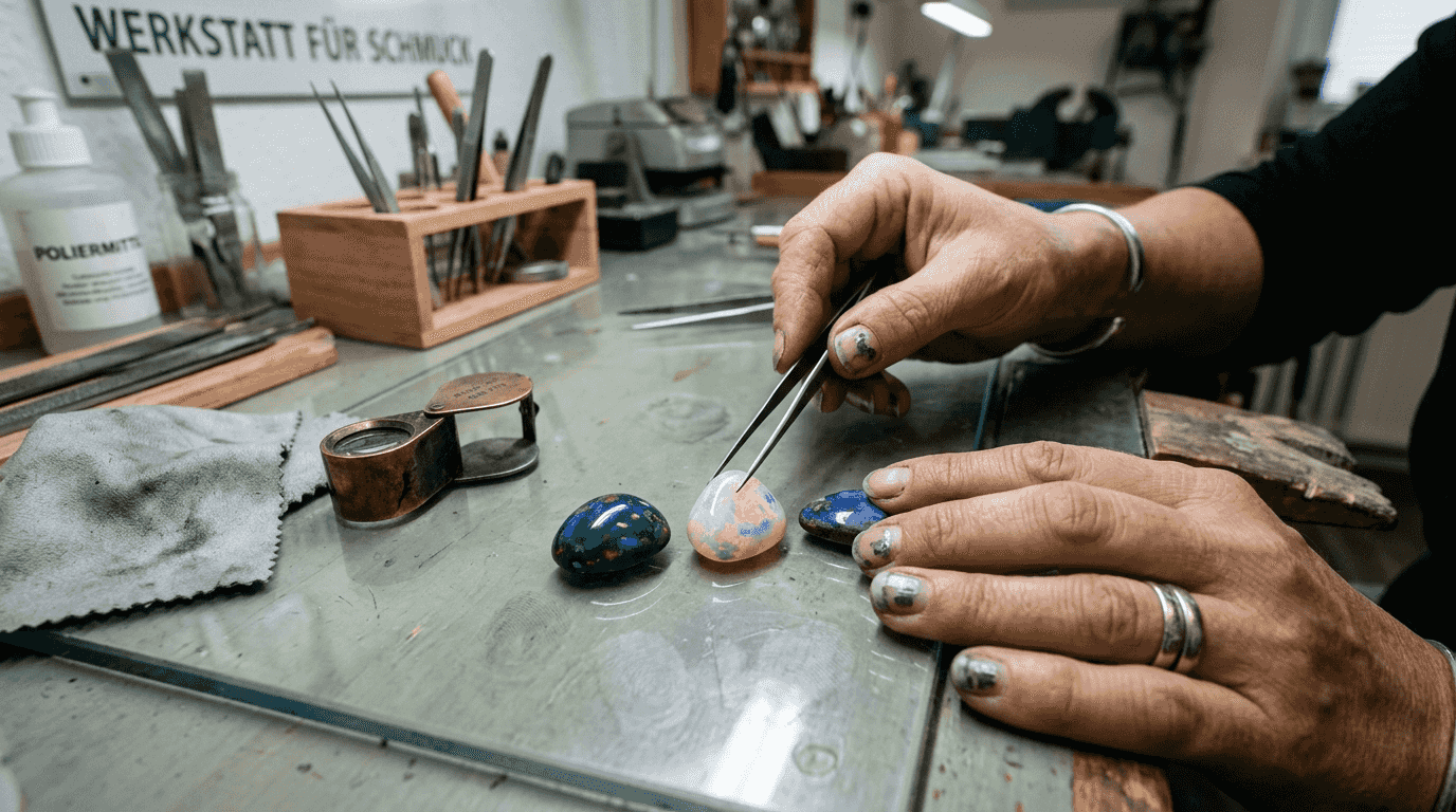 Detailreiche Aufnahme der faszinierenden Opalmuster und der geschickten Hände eines Juweliers