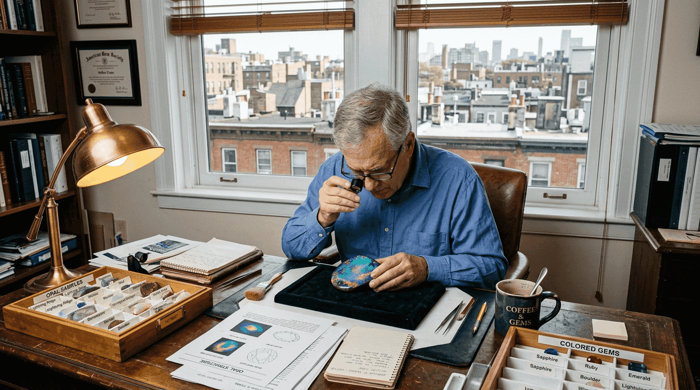 Gemologist inspecting opal at work desk