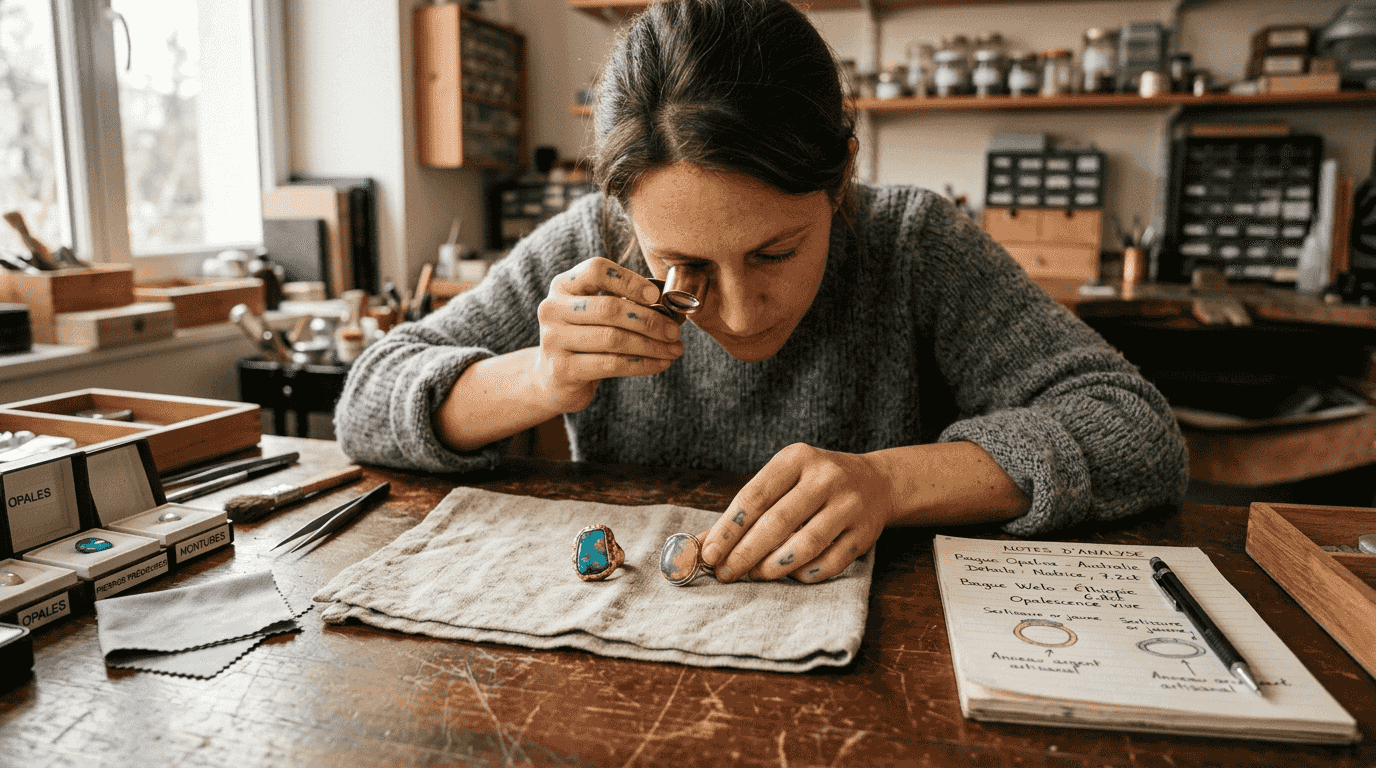 Un spécialiste examine attentivement deux bagues en opale posées sur la table afin de comparer leur qualité.