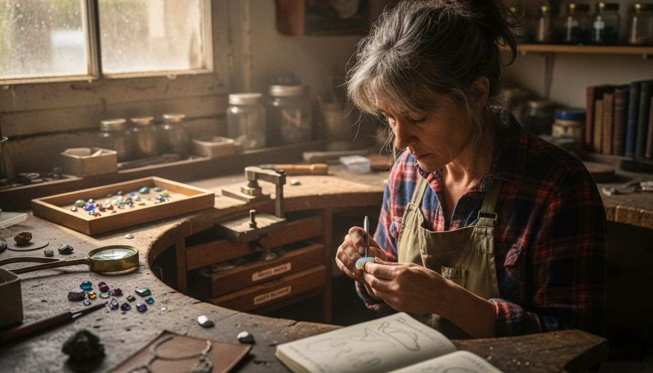 Un joaillier artisan façonne une opale avec minutie sur son établi.