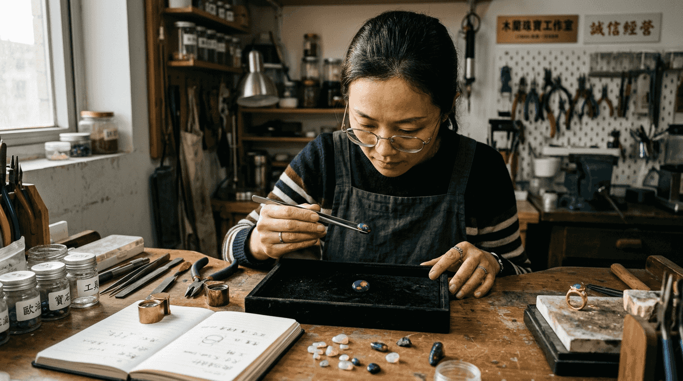 阳光洒进工作室，一位珠宝匠正细致地打量着手中的欧泊石。